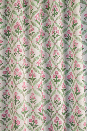 Taffy Pink Florals on White Block Print Curtain