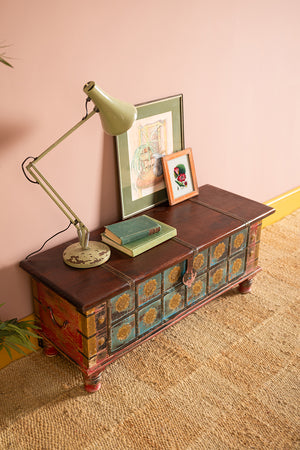 Blue Painted Trunk made from New and Reclaimed Wood with a Metal Trim