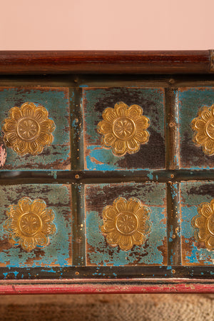 Blue Painted Trunk made from New and Reclaimed Wood with a Metal Trim