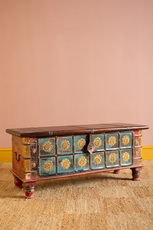 Blue Painted Trunk made from New and Reclaimed Wood with a Metal Trim