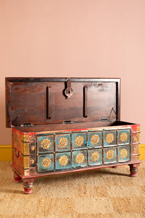 Blue Painted Trunk made from New and Reclaimed Wood with a Metal Trim