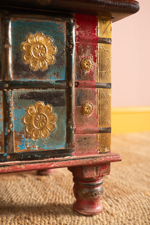 Blue Painted Trunk made from New and Reclaimed Wood with a Metal Trim