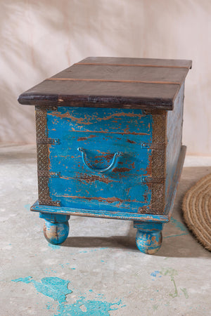 Red and Blue Reclaimed Wooden Chest with Brass Trim