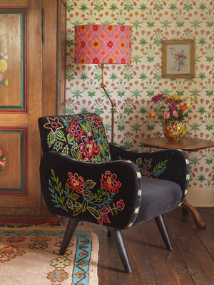 Black & Neon Velvet Embroidered Armchair