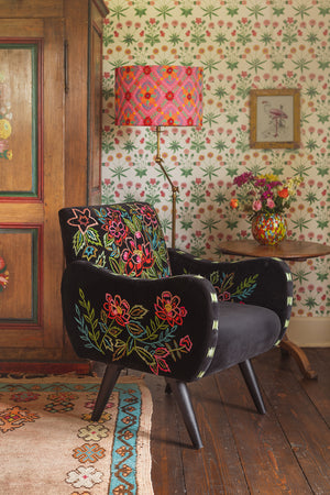 Black & Neon Velvet Embroidered Armchair