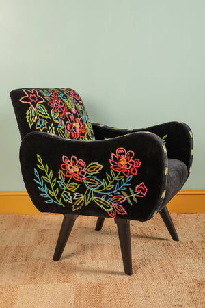Black & Neon Velvet Embroidered Armchair