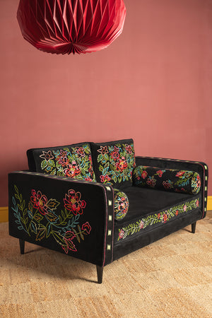 Black & Neon Velvet Embroidered Sofa
