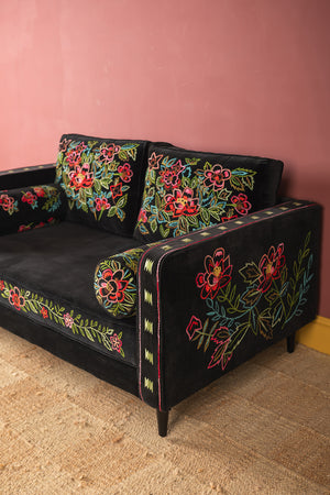 Black & Neon Velvet Embroidered Sofa