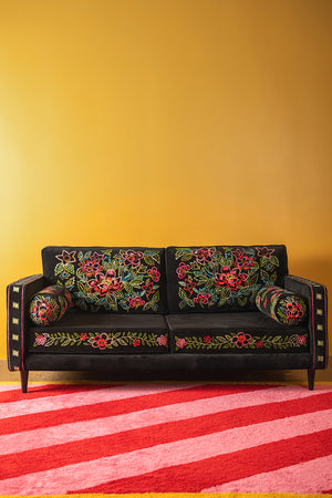 Black & Neon Velvet Embroidered Large Sofa