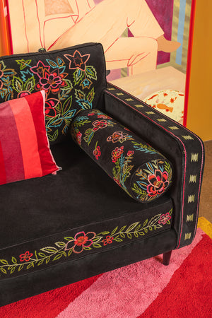 Black & Neon Velvet Embroidered Large Sofa