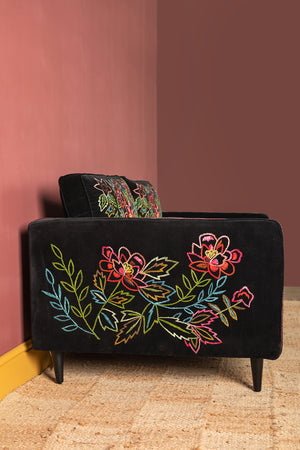 Black & Neon Velvet Embroidered Large Sofa