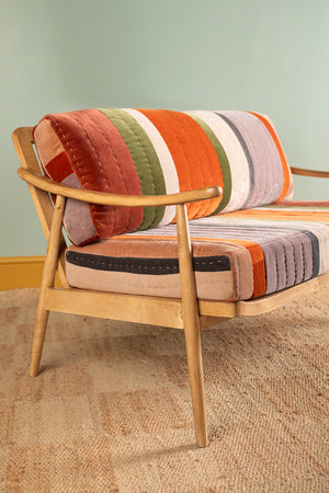 Wooden Sofa with Striped Velvet Cushions