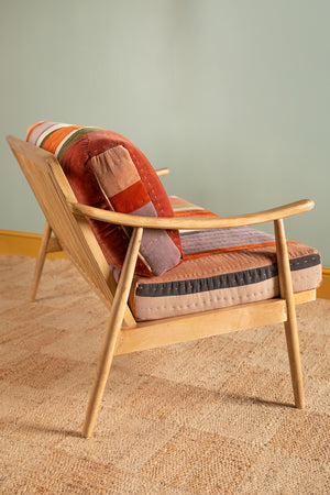 Wooden Sofa with Striped Velvet Cushions