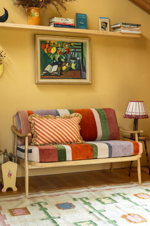 Wooden Sofa with Striped Velvet Cushions