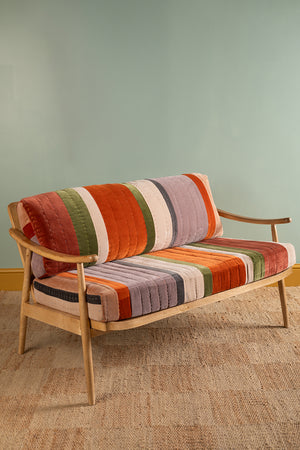 Wooden Sofa with Striped Velvet Cushions