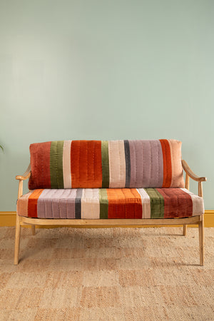 Wooden Sofa with Striped Velvet Cushions