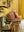 Wooden Sofa with Striped Velvet Cushions