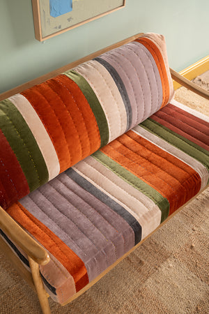 Wooden Sofa with Striped Velvet Cushions