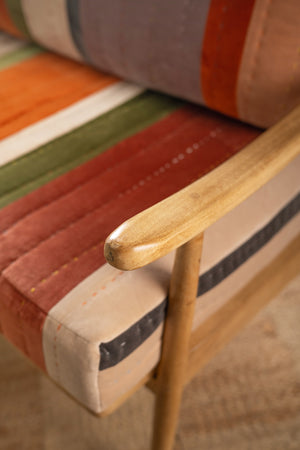 Wooden Sofa with Striped Velvet Cushions