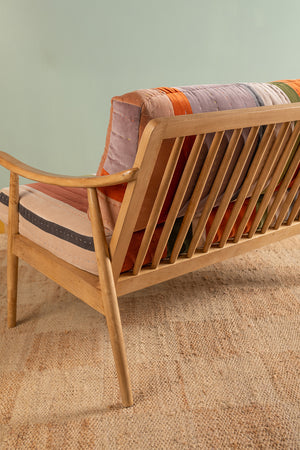 Wooden Sofa with Striped Velvet Cushions