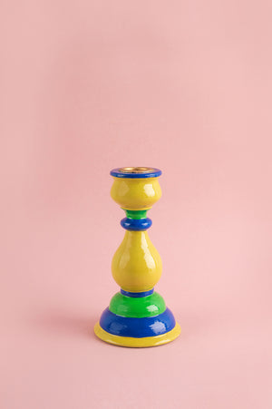 Olive & Blue Hand Painted Wooden Candle Holder