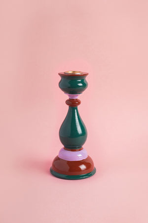 Green & Purple Hand Painted Wooden Candle Holder