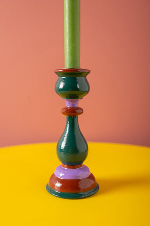 Green & Purple Hand Painted Wooden Candle Holder