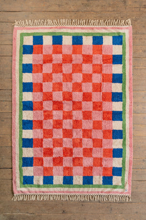 Lizzie Pink & Red Chequered Recycled Cotton Large Rug