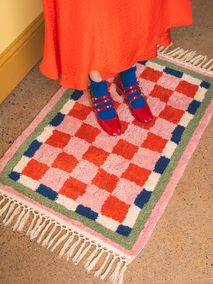 Lizzie Pink & Red Chequered Recycled Accent Rug