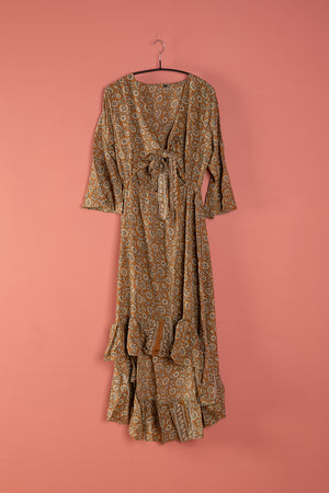 Seconds Brown & Cream Long Sleeve Recycled Silk Dress - Large