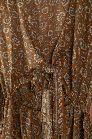 Seconds Brown & Cream Long Sleeve Recycled Silk Dress - Large