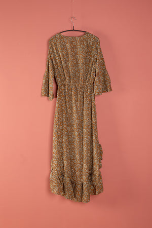 Seconds Brown & Cream Long Sleeve Recycled Silk Dress - Large