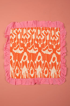 Seconds Orange Ikat & Pink Frills Kantha Cushion Cover