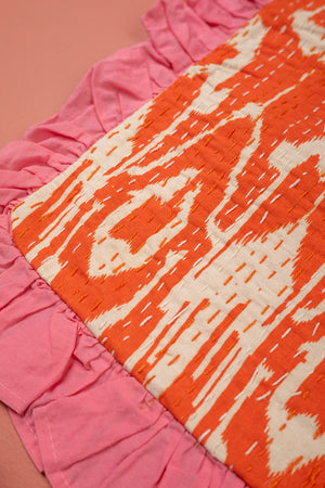 Seconds Orange Ikat & Pink Frills Kantha Cushion Cover