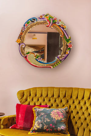 Abstract Round Carved Wooden Mirror