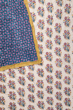 Cornflower & Lilac Block Print Cotton Quilt