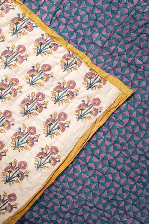 Cornflower & Lilac Block Print Cotton Quilt