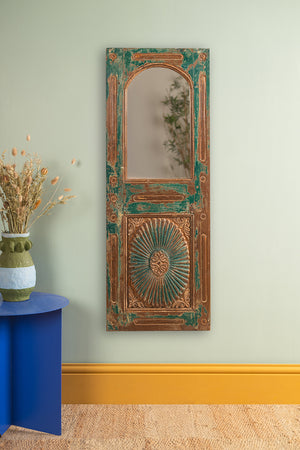Vintage Teal Green Carved Door Panel Mirror