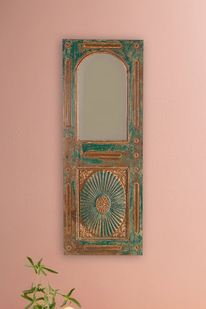 Vintage Teal Green Carved Door Panel Mirror