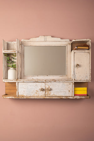 Vintage White Wall Mirror with Cupboards