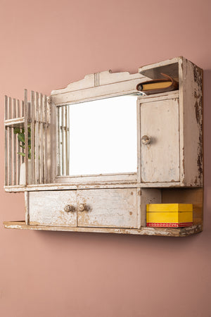 Vintage White Wall Mirror with Cupboards