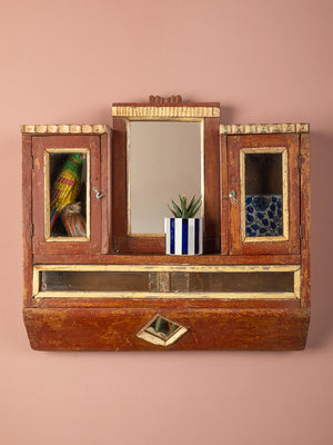 Vintage Wooden Wall Mirror with Cabinets