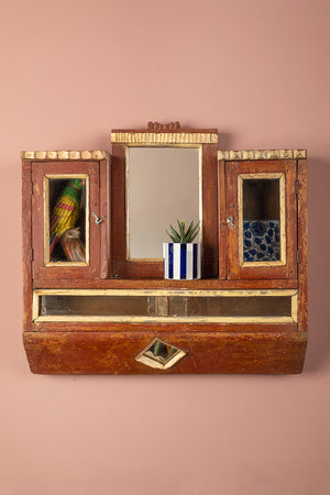 Vintage Wooden Wall Mirror with Cabinets