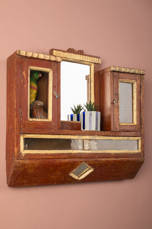 Vintage Wooden Wall Mirror with Cabinets