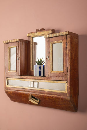 Vintage Wooden Wall Mirror with Cabinets