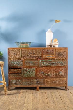 Vintage Carved & Coloured Drawer Unit