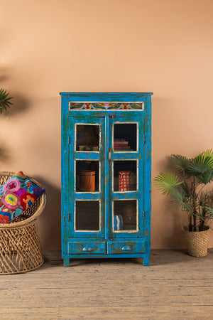 Blue Vintage Cabinet with Painted Glass