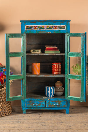 Blue Vintage Cabinet with Painted Glass