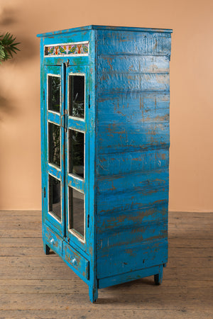 Blue Vintage Cabinet with Painted Glass