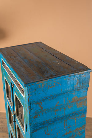 Blue Vintage Cabinet with Painted Glass